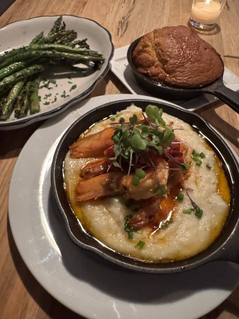 Shrimp &amp; Grits, Cornbread and Asparagus